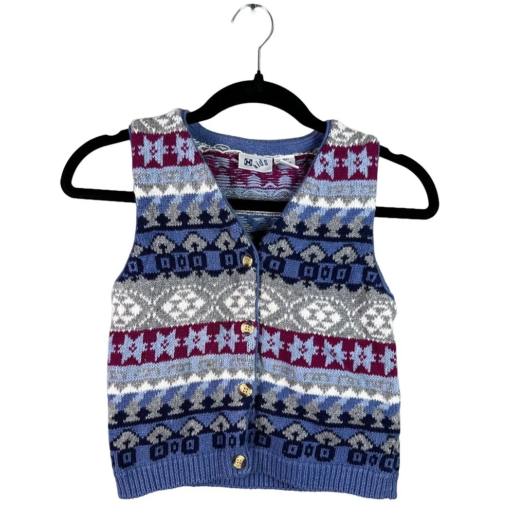 90s Vintage N Kids Fair Isle Knit Sweater Vest Girls Size L 6X Cottagecore